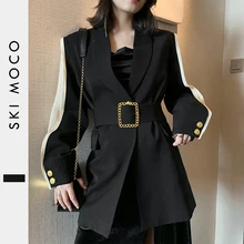 Runway Designer Trendy Chic Womens Blazer Belted Black Patchwork Metal Gold Button Fashion OL Ladies Jacket Coat Outwear