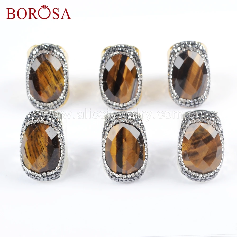 

BOROSA 6PCS Gold/Silver Color Natural Faceted Tiger Eye Band Ring Paved Black Zircons Gems Stone Adjustable Rings Jewelry JAB949