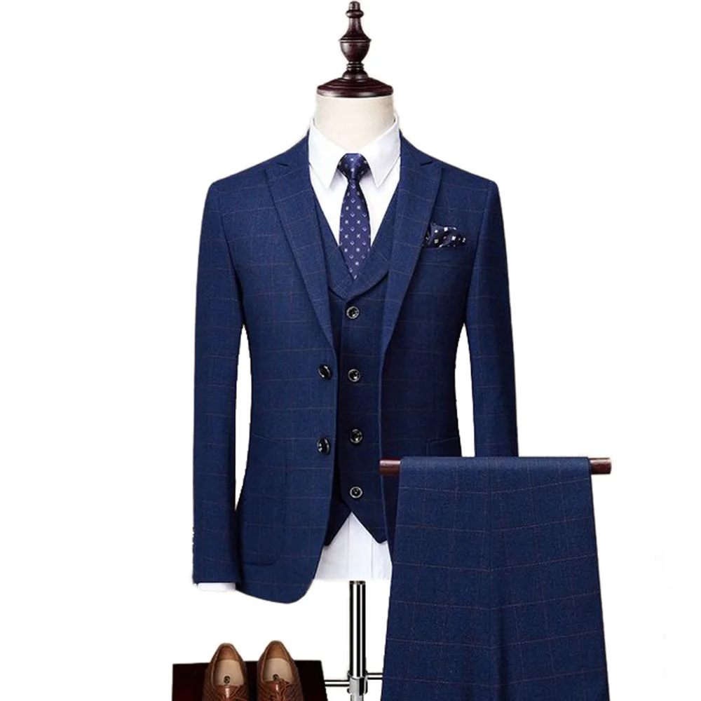 Men's Plaid Suit 3 Pieces Wool tweed Tuxedos Blazer Formal Groomsmen Suits(Blazer+Vest+Pants - Цвет: Royal Blue