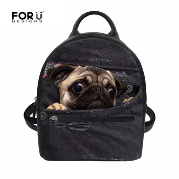 

FORUDESIGNS Pugs Pu Leather Backpack For Women 3D Demin Cat Casual Small Daypacks Preppy Style Girls Cute Travel Mochila Female