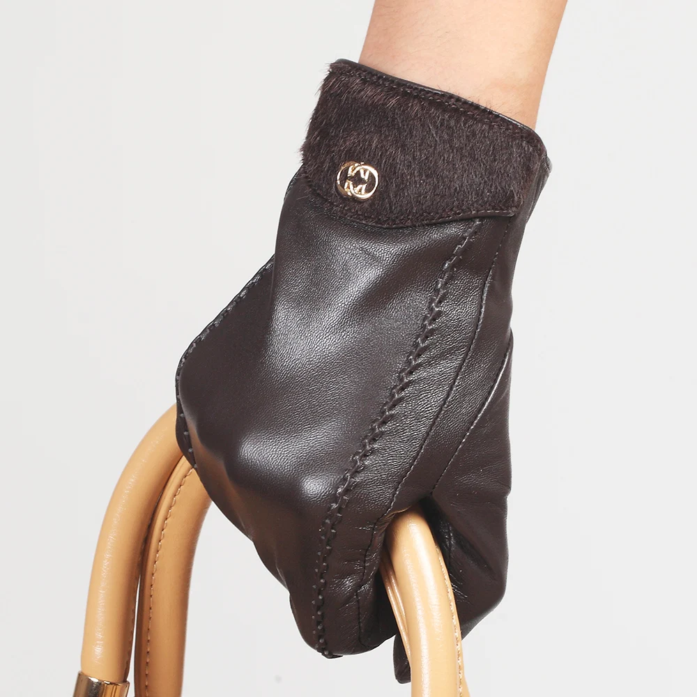 Top Fashion Goatskin Solid Genuine Leather Gloves Women Wrist Fur Adornment Winter Sheepskin Glove Fleece Lining Limited L148NQ