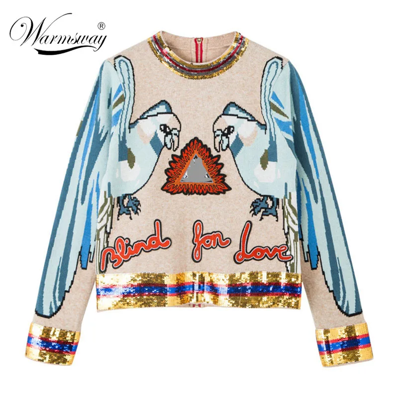 Women Vintage Sweaters Striped Sequined Parrot jacquard Pullover Winter Autumn Knitted Retro Embroidery Back Zipper Blusas C-258 | Женская