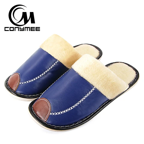 CONYMEE/ зимние хлопковые тапочки мужские домашние кроссовки на плоской подошве из искусственной кожи для дома мужские плюшевые теплые тапочки - Цвет: PT-BD Blue
