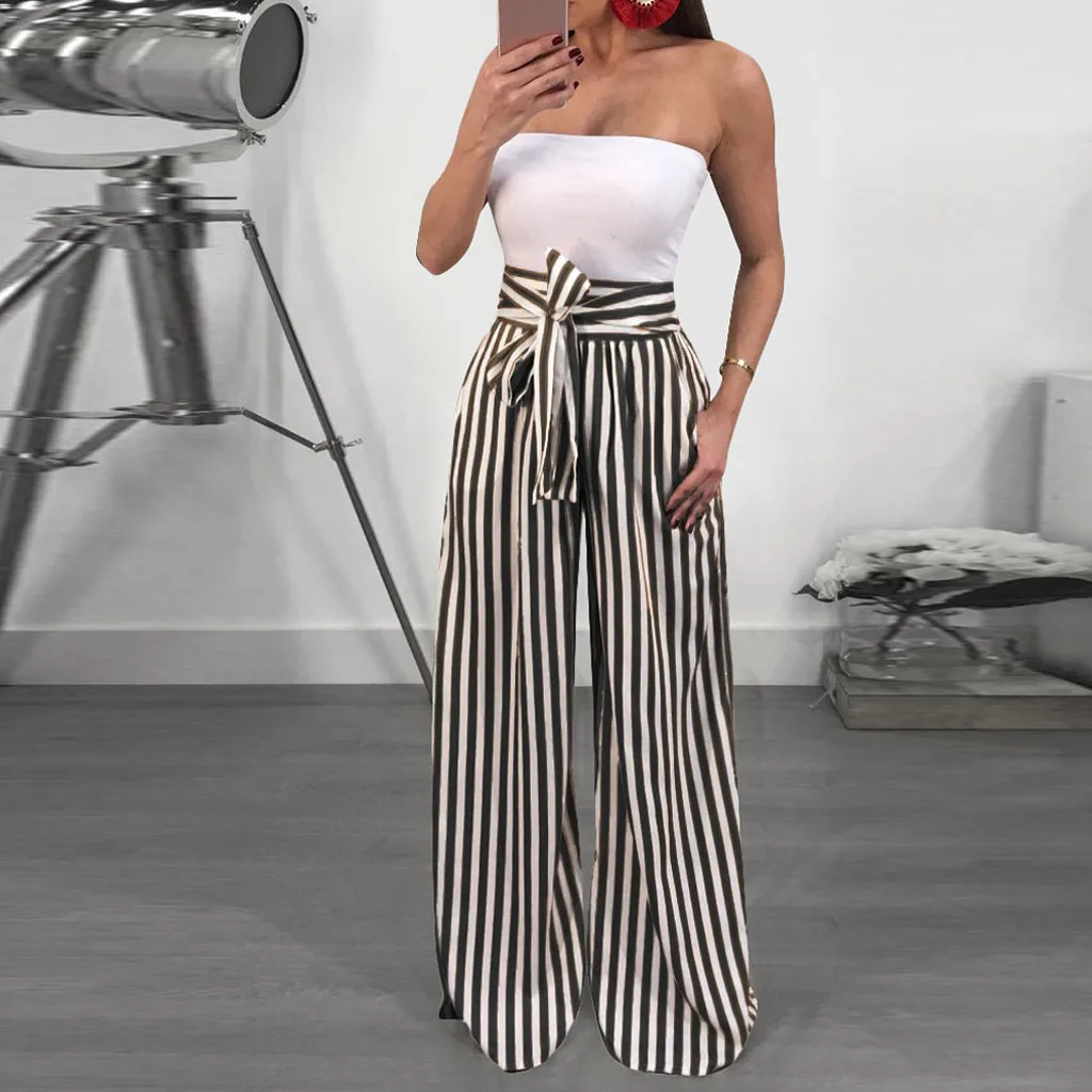 

Fashion Women's Striped Loose Casual High Waist Straight Harem Pants Women Bandage Elastic Waist Full Length Pants 19MAR1