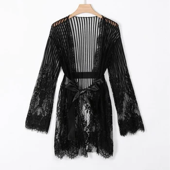 

Women Sexy Lingerie Babydoll Erotic Robe Nightwear Long Sleeve Nightdress Hooded Lace Patchwork Night Cardigan Robe