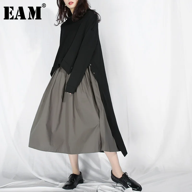 

[EAM] 2019 New Autumn Winter Round Neck Long Sleeve Black Pleated Split Joint Big Size Two Piece Dress Women Fashion Tide JE45
