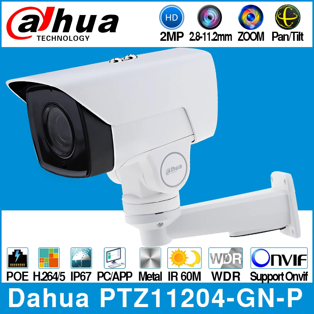 

Dahua PTZ11204-GN-P 4X PTZ IP Camera 2MP 1080P POE Bullet Motorized 2.8-11.2mm VF Lens H.265 IR 60M IP67 with Pan/Tilt Bracket