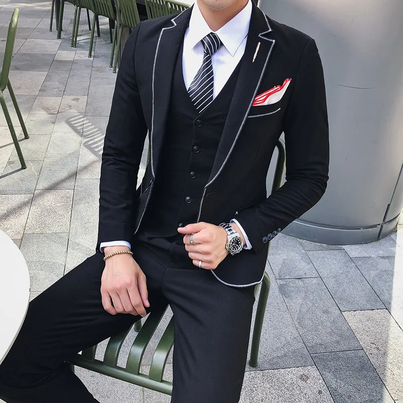 3 шт. высокое качество деловой мужской костюм абсолютно новый Slim Fit однотонная