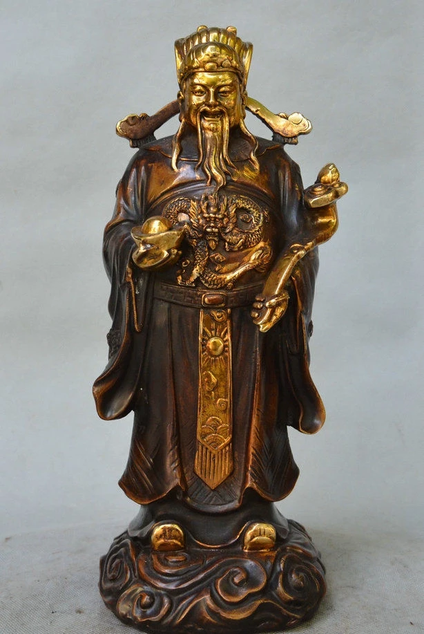 

14" Chinese Bronze Gilt Dragon Robe Mammon Money Wealth God Yuan bao Ruyi Statue