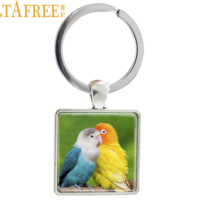 

TAFREE Square diy Love Art Painting Picture Keychain Key Ring Glass Cabochon Decorative Animal Bird Key Pendant Holder E337