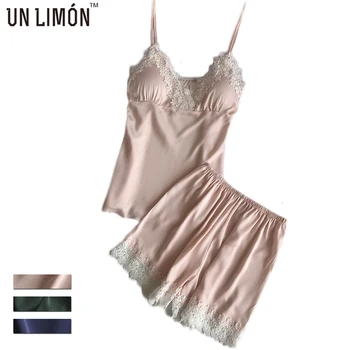 

UNLIMON Women Faux Silk Pajama Sets Satin Shirts Ladies Sexy Lace Sleepwear
