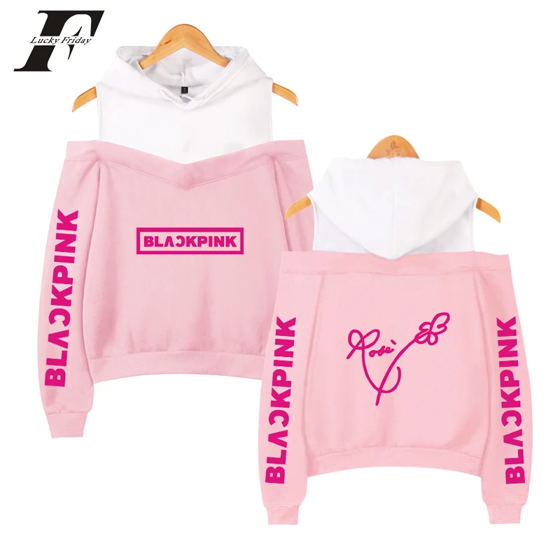 

2019 BLACKPINK Kpop Women Off-shoulder Sexy Girls Hoodies Sweatshirt Exclusive cotton black pink K pop Casual Autumn clothes