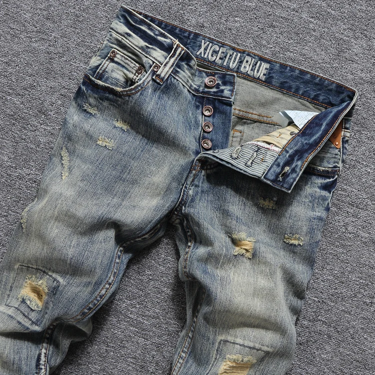 Мужские джинсы винтажные облегающие с прорезями|men jeans high quality|slim fit ripped jeansbiker |