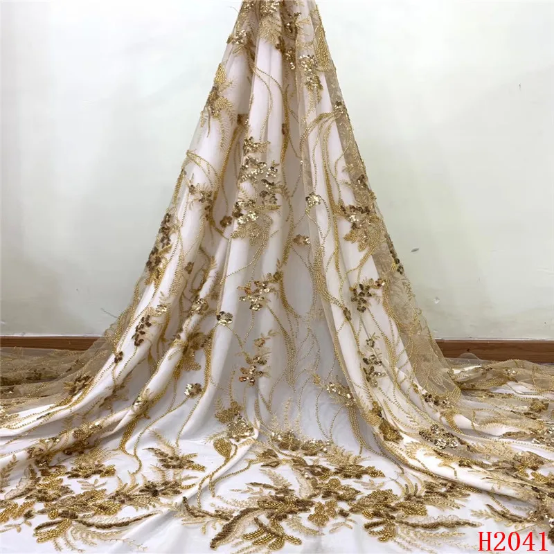 

African Lace fabric High Quality Nigerian 3D beaded Lace Fabric gold 2019 French Net Lace Fabric With sequins for Dress HJ2041-1