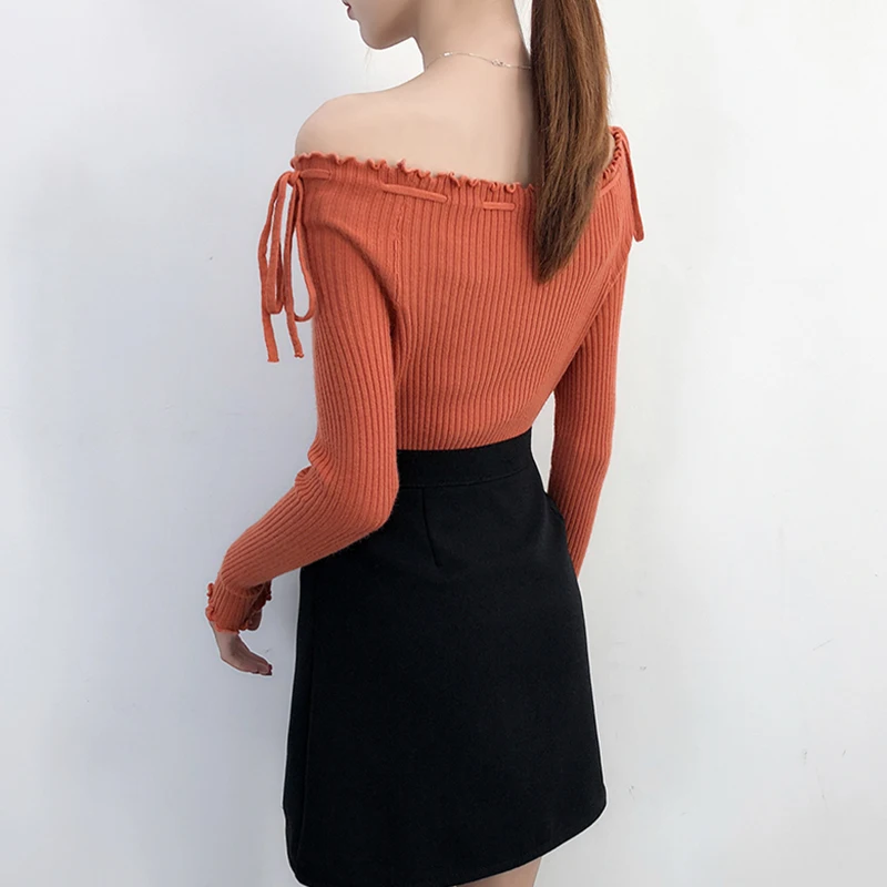 Sexy Lace Up Slash Neck Sweater Women 2018 Autumn Winter Knitted Pullover Casual slim Bottoming Fashion Long Sleeved Female tops