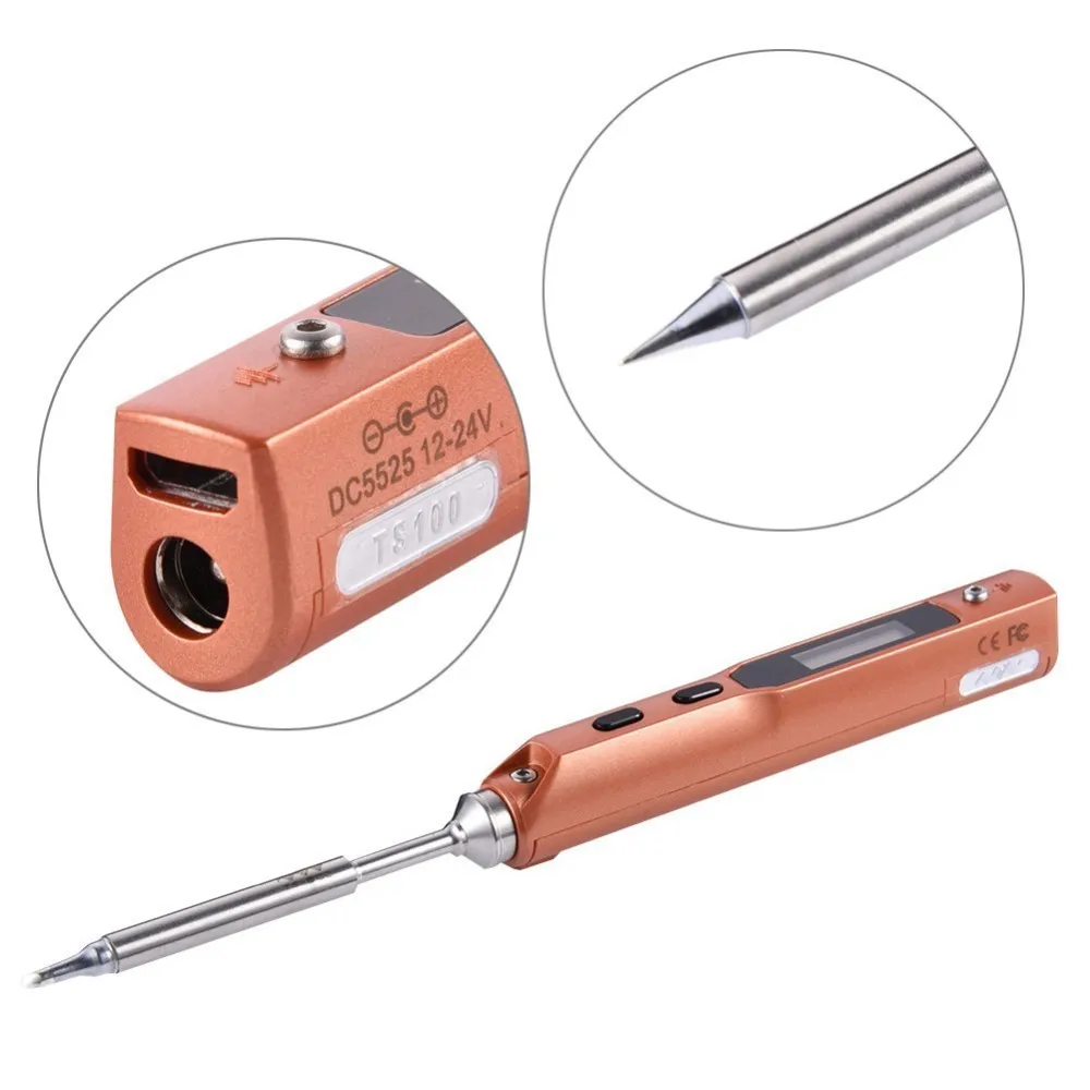 

TS100 Mini Digital Electric USB Smart Adjustable Soldering Iron Set with 2 Solder Iron Tips K+I 65W LCD Programmable Gold TS-100