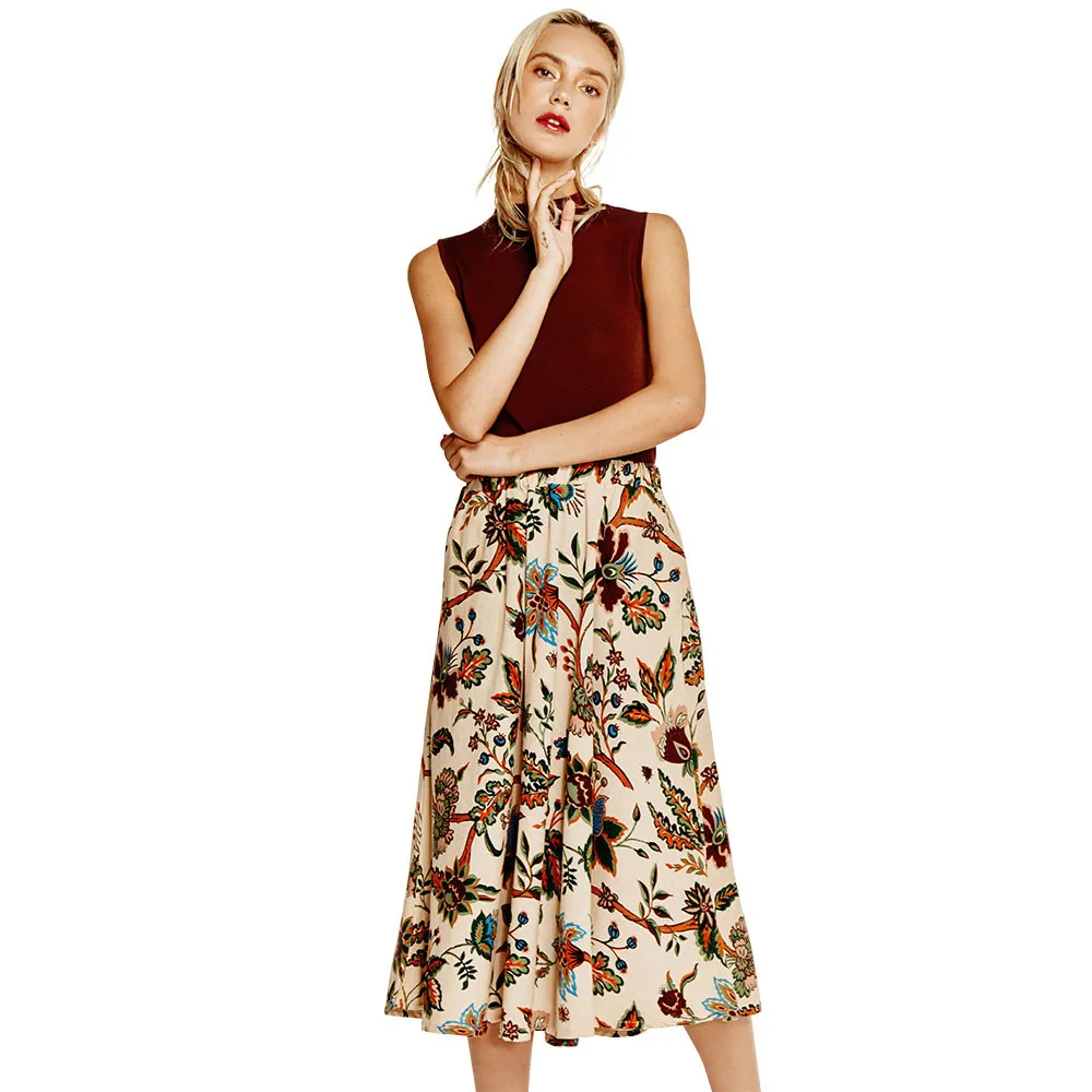 Принтованные летние длинные юбки новые модные большие качели печати юбка утонченное Стиль длинные юбки до середины икры из хлопка и льна A0316