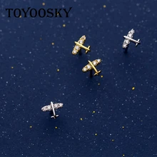 S925 стерлингового серебра самолет серьги гвоздики для женщин с CZ Мини Размер ювелирные изделия ручной работы