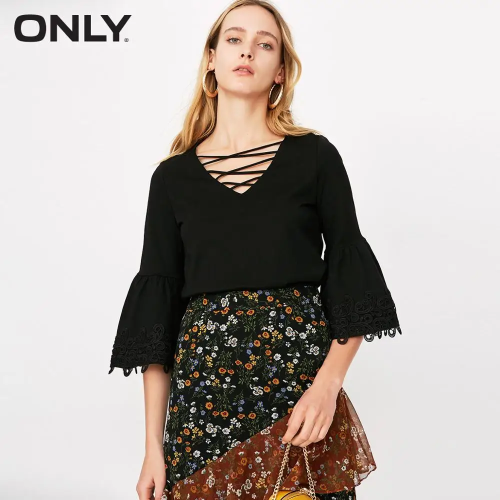 

ONLY Women's Lace-up V Neckline Crocheted Flare Sleeves T-shirt |118130519