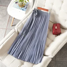 Женская мода с бантом на талии гофрированный с сеткой юбка люрекс длинные юбки-пачки Новинка весна лето синий rtrt