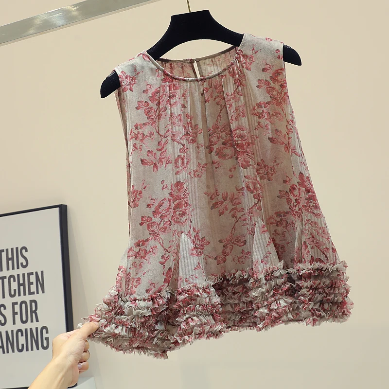 

MUMUZI Floral print chiffon blouse female 2019 summer new loose thin blouses lady sleeveless pleated shirt vintage tops