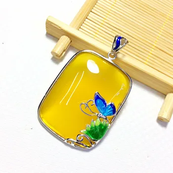 

[S925] longnice silver inlay natural Butterfly Pendant ornaments Cloisonne flower pulp sweater chain