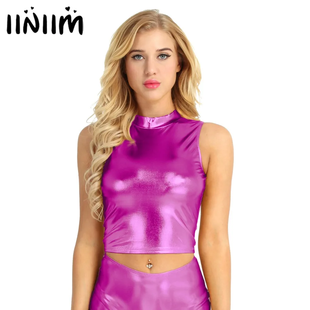 

Women's Tank Top Faux Leather Sleeveless Metallic Mock Neck Turtleneck Crop Tops for Costumes Club Party Paired with Leggings