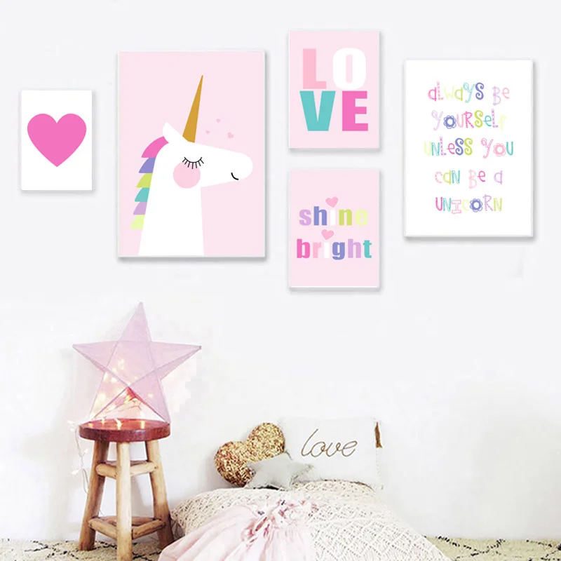 

Canvas Wall Art Pictures Home Modular Decoration Rainbow Unicorn Painting HD Printed Nordic Creative Letter Poster Living Room