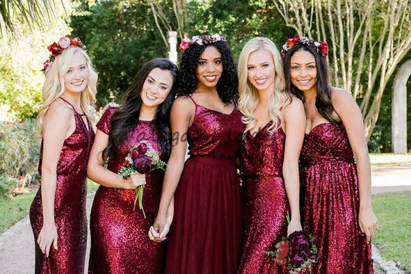 2018 элегантные разнородные бордовый блёстки Тюль Длинные подружки невесты платья для женщин Junior Bridemaid индивидуальный цвет и разм