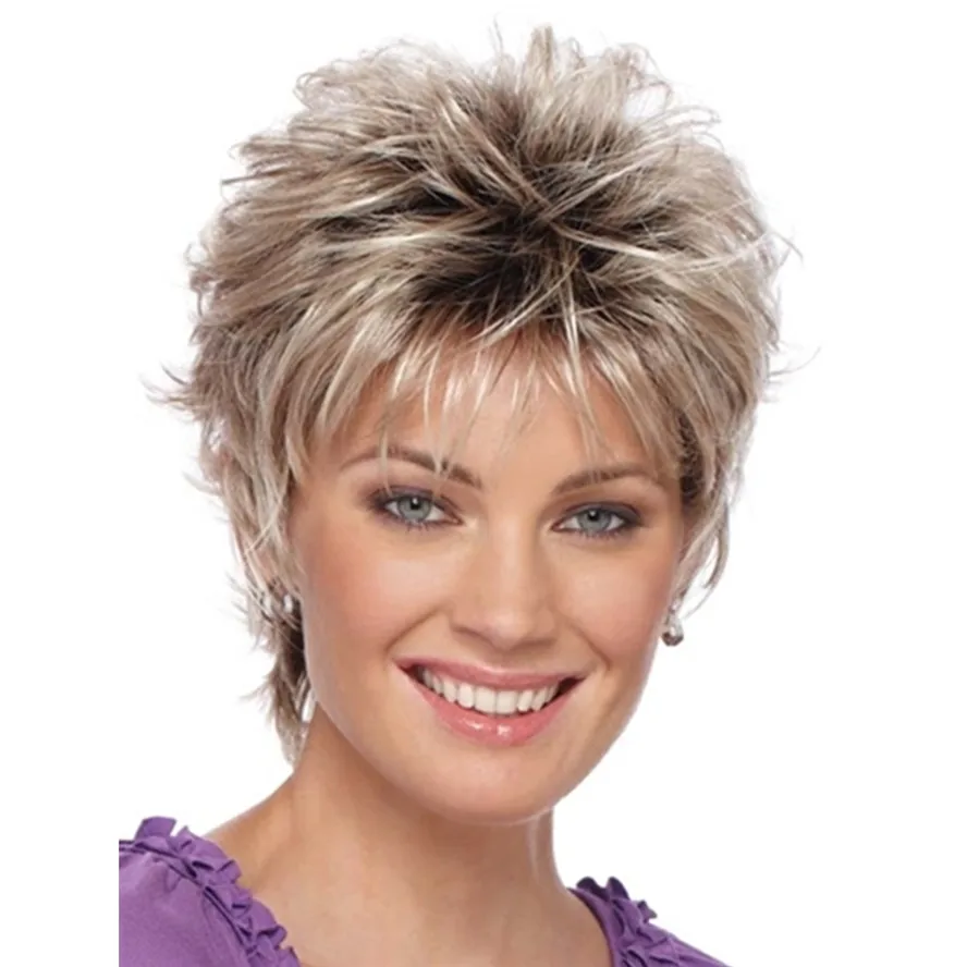 Natural Blonde Mix Wig Short Layered Shag Hairstyles High Quality Full