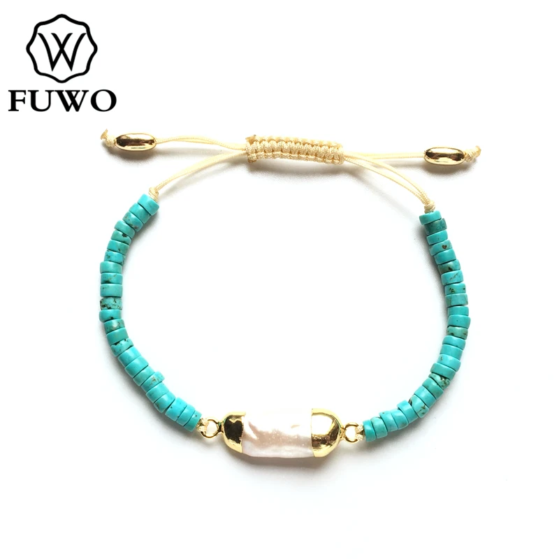 

FUWO Natural Pearl Turquoises Bracelet with Gold Trimmed Fashion Freshwater Pearl Bracelet Boho Jewelry Gift For Women BR516
