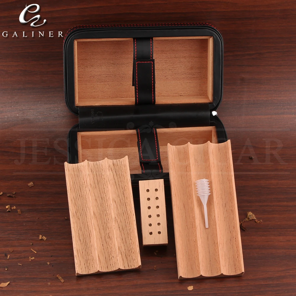  Travel Cigar Humidor Box Leather Cigar Case Portable Cedar Wood COHIBA Humidor Hold 6 Cigars With H