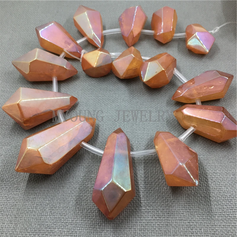 MY1074  Smooth Crystal Quartz Titanium Orange Spike Beads,Polished Nugget Point Quartz Hole Beads  (1)