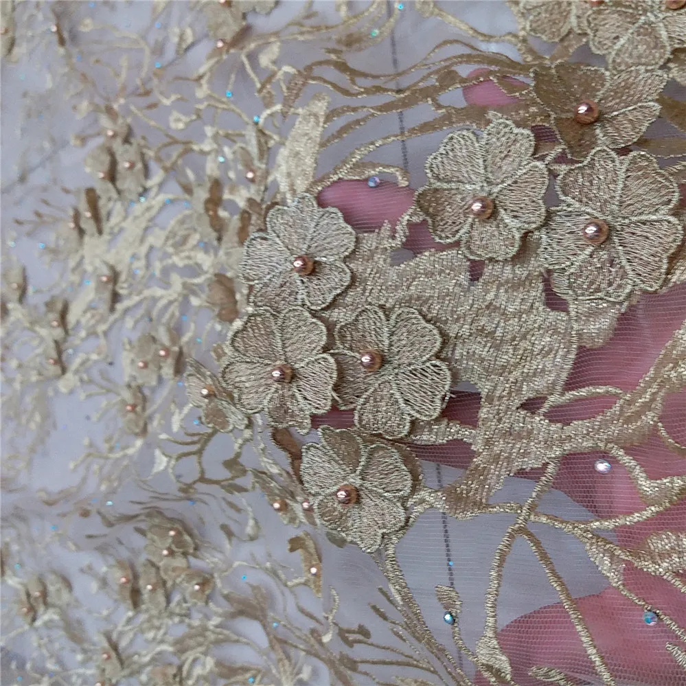 Gold color french net lace fabric with stones beads 3D flowers african beaded lace fabric for