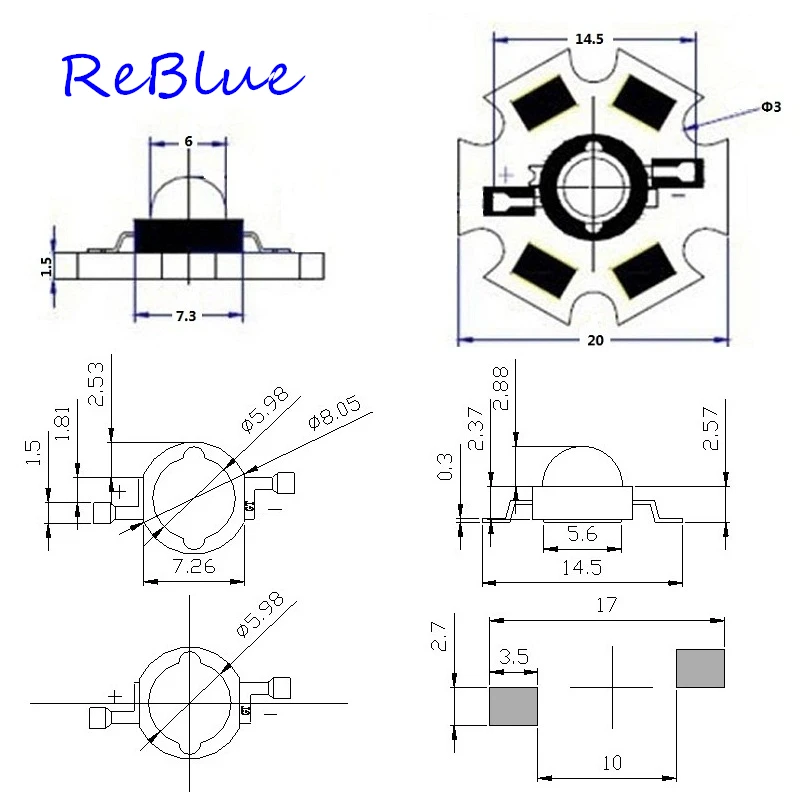 25 шт. ReBlue 3 Вт светодиодный Диод светодиодный чип 1 Вт 3 Вт 5 Вт Epistar Bridgelux светодиодный Диод 1 Вт 3 Вт 5 Вт Высокая мощность 3000 К 6000 К 10000 к PCB светодиодные линзы