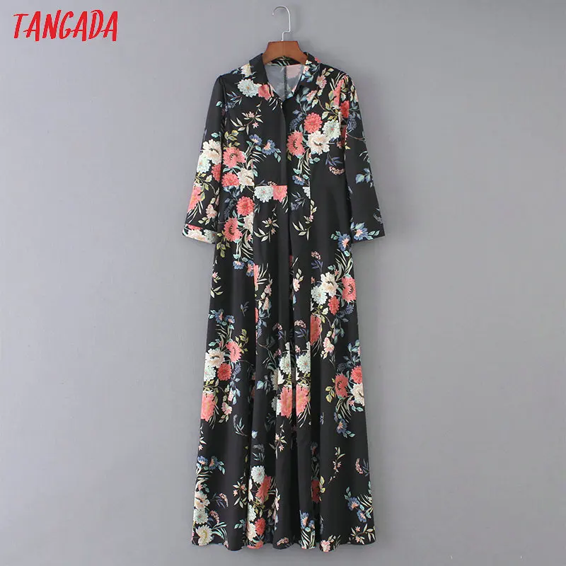 

Tangada female print dress 2019 spring floral maxi dress long sleeve turn down collar dresses for women vestidos XZH67