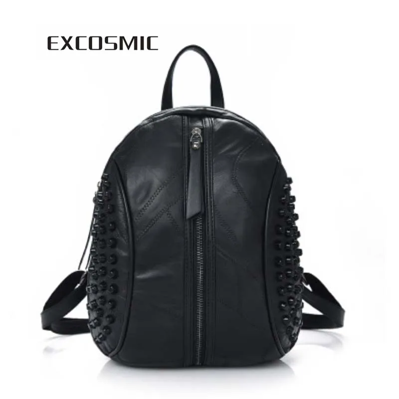 

EXCOSMIC Women Genuine Leather Backpack School Rucksack College Shoulder Solid Fashion Ladies Travel Bag mochila feminina