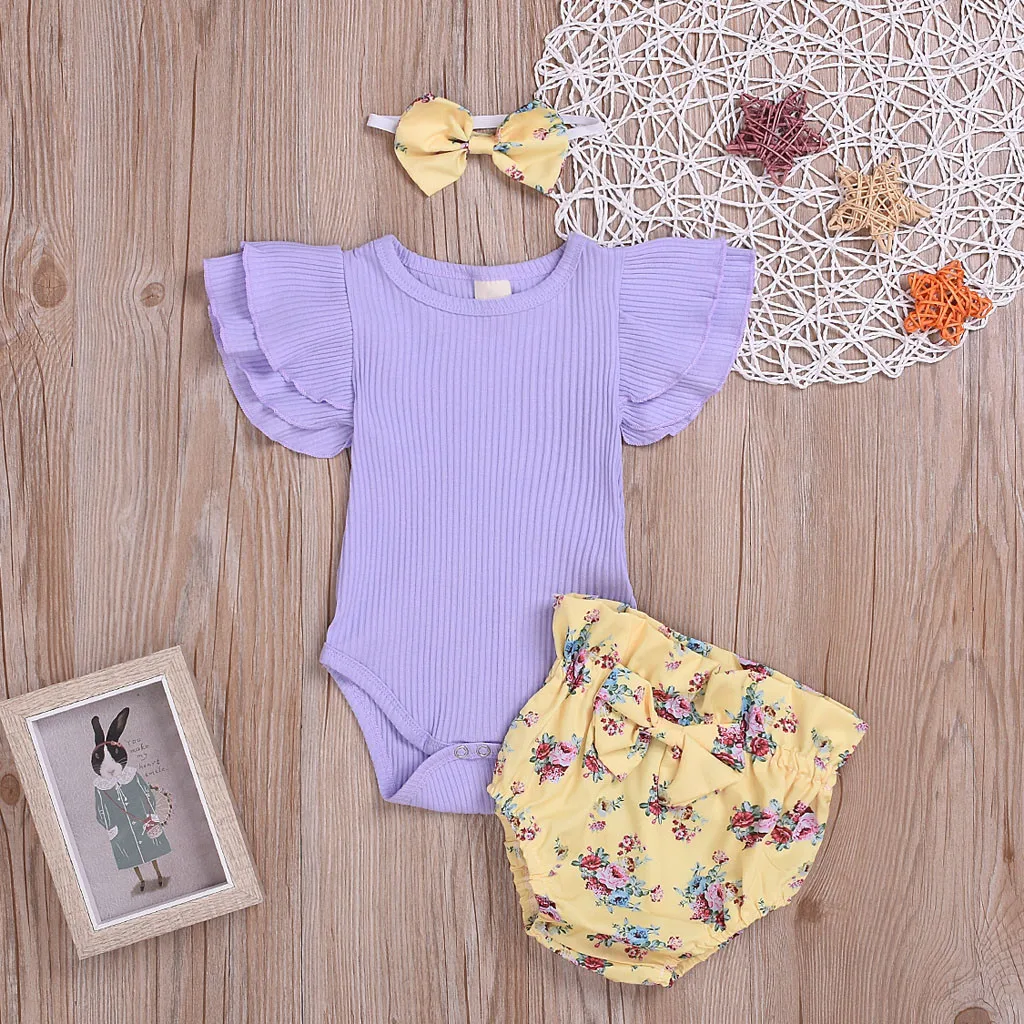 

Infant Baby Girls clothes set 3 6 months Short Sleeve Solid Romper Bodysuit+Floral Shorts+Headband Set # LRSH