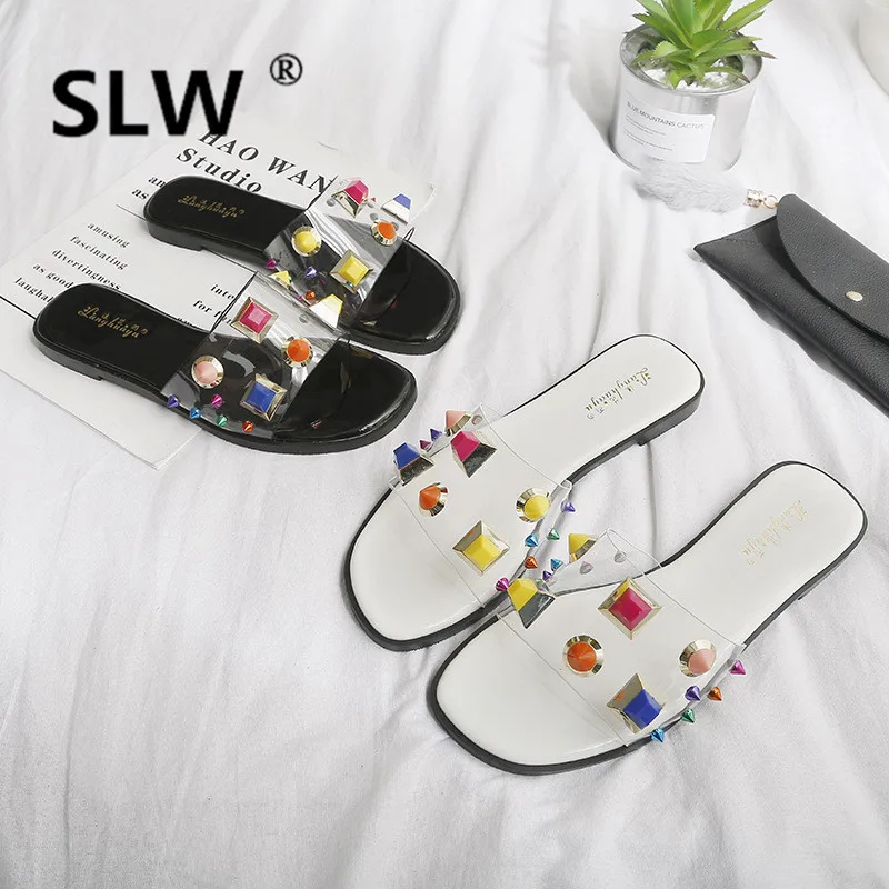 

transparent rivets studs open toe slides female flat shoes summer colorful rivet flip flops brief gladiator sandals woman