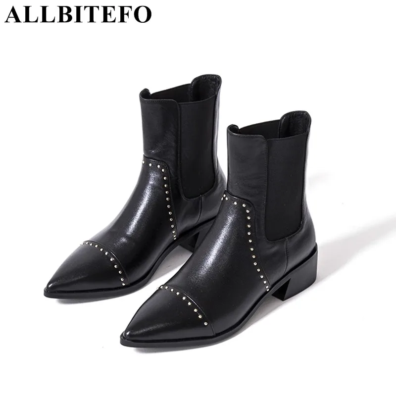 

ALLBITEFO 2019 new brand genuine leather women boots rivets fashion sexy girls ankle boots woman Spring Winter high heel boots