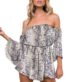 

feitong Fashion Women Snake skin Print Jumpsuits Flare Sleeve Off Shoulder Short Romper #w30