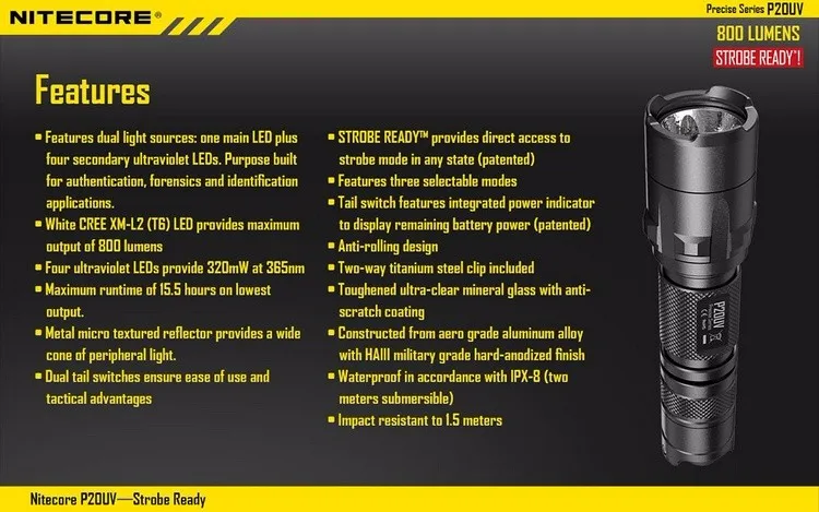 NITECORE P20 P20UV 800LMs фонарик+ NTH25 кобура+ 3400mAh 18650 перезаряжаемый аккумулятор бокса Водонепроницаемый Открытый лагерь Охота