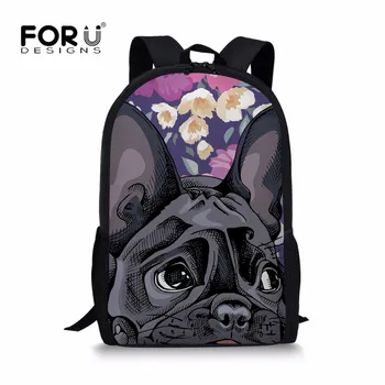 

FORUDESIGNS Girls Children 16 Inch Backpack Kawaii Bulldog Printed School Backpacks Flower Daily Pack Female Shoulder Sac A Dos