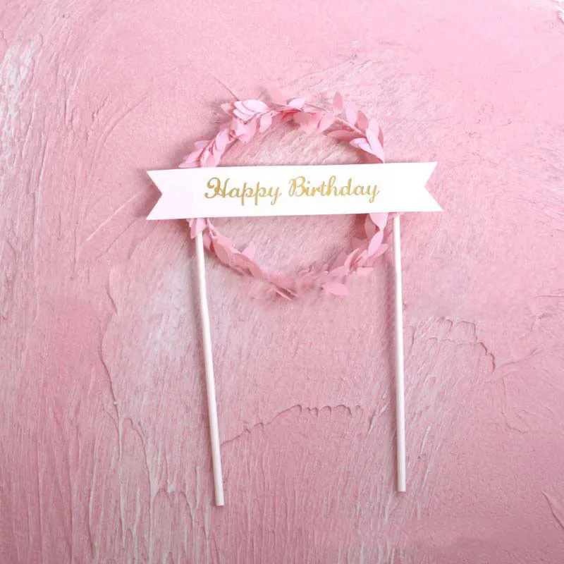 1 Pcs Leaf Wreath Cupcake Cake Topper Happy Birthday Sweet Love Cake Top Flags for Love Family Birthday Party Cake Decoration