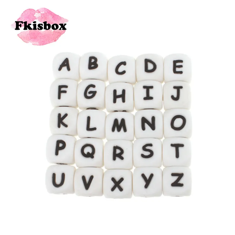 Fkisbox, 100 шт./лот, 12 мм, силиконовые бусины с буквами, буквами, буквами и надписью, без бисфенола, Детские Прорезыватели для зубов, ожерелье, цепочка для соски, сделай сам