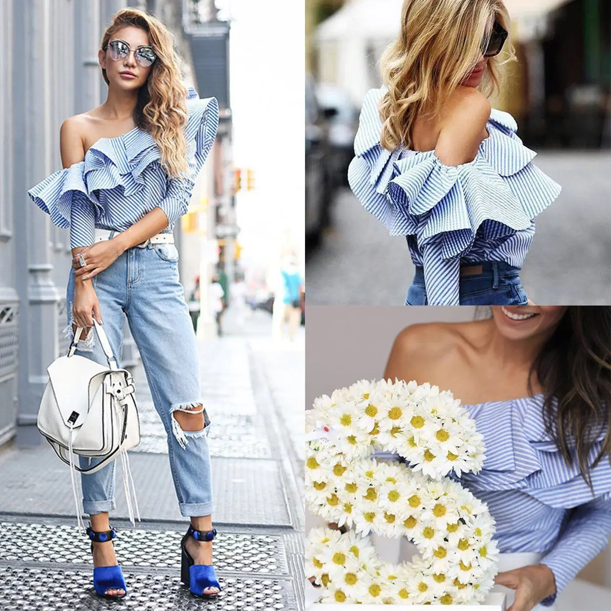 Fashion Womens blue white striped One Shoulder Blouse Ruffles Long Sleeve Casual women's shirt blouses top plus size S to 2XL