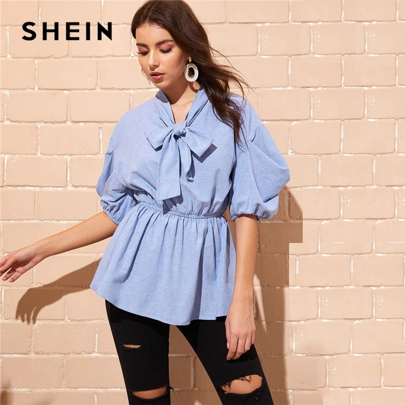 

SHEIN Tie Neck Bell Sleeve Elastic Waist Blouse Women Blue Solid Puff Sleeve Half Sleeve Spring Summer Tops and Blouses