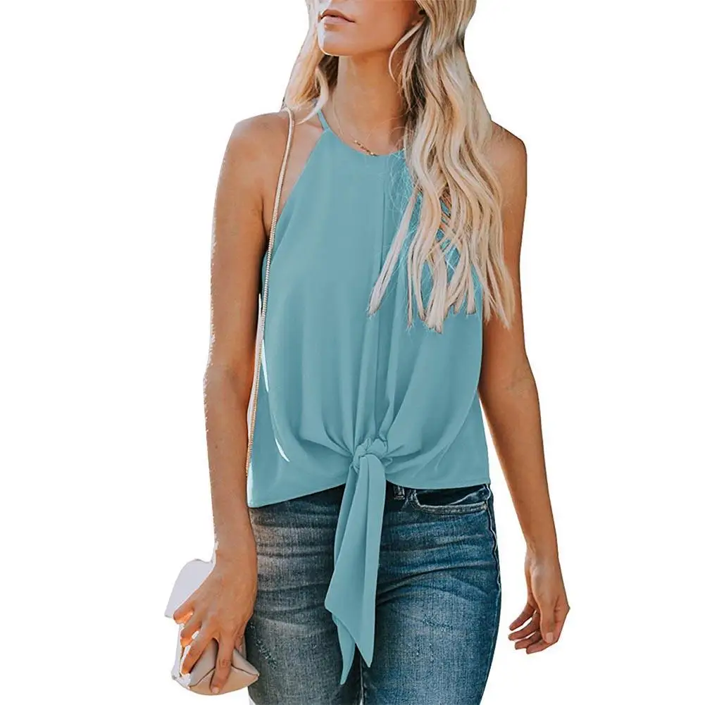 

2019 Fashion Women Summer Casual Solid Color O-Neck Sleeveless Button Comfortable Chiffon Shirt Blouse Bandage Knot Top Blouses