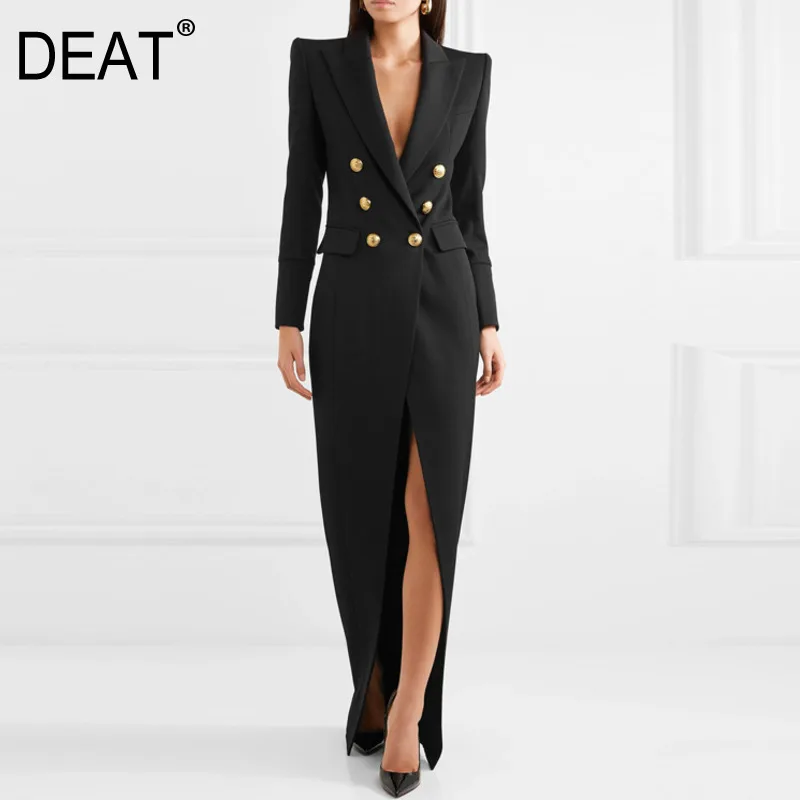

DEAT 2019 new fashion autumn women deep- Vneck double breasted full sleeve high waist long jacket dress female WG83501L