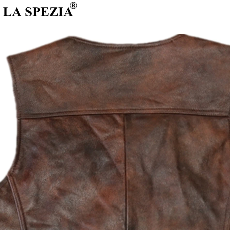 LA SPEZIA Brown Real Leather Vests Men Cow Leather Waistcoats Luxury Brand Thick Male Genuine Leather Jacket Sleeveless Gilet